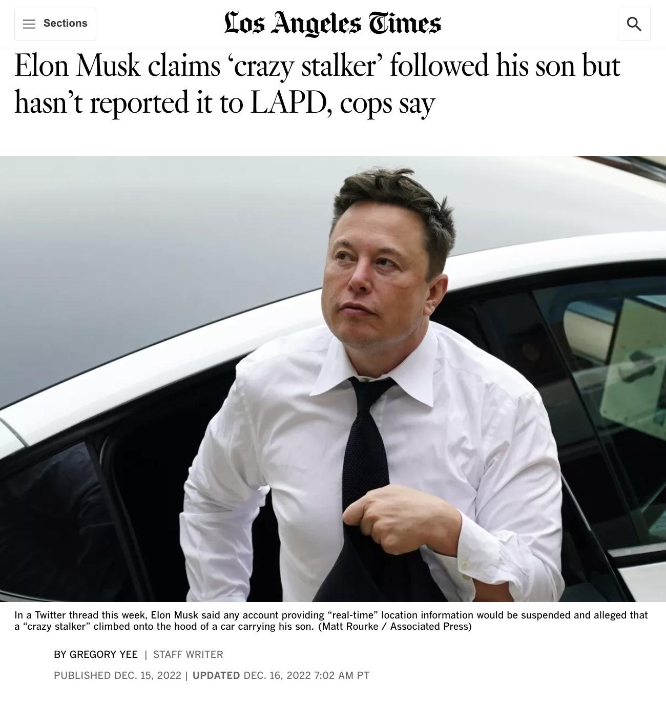 Satns os Angeles Times a Elon Musk claim y stalker followed his son but hasnt reported it to LAPD cops