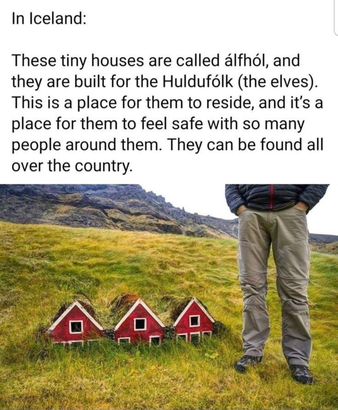 In Iceland These tiny houses are called alfhdl and they are built for the Hulduflk the elves This is a place for them to reside and its a place for them to feel safe with so many people around them They can be found all over the country