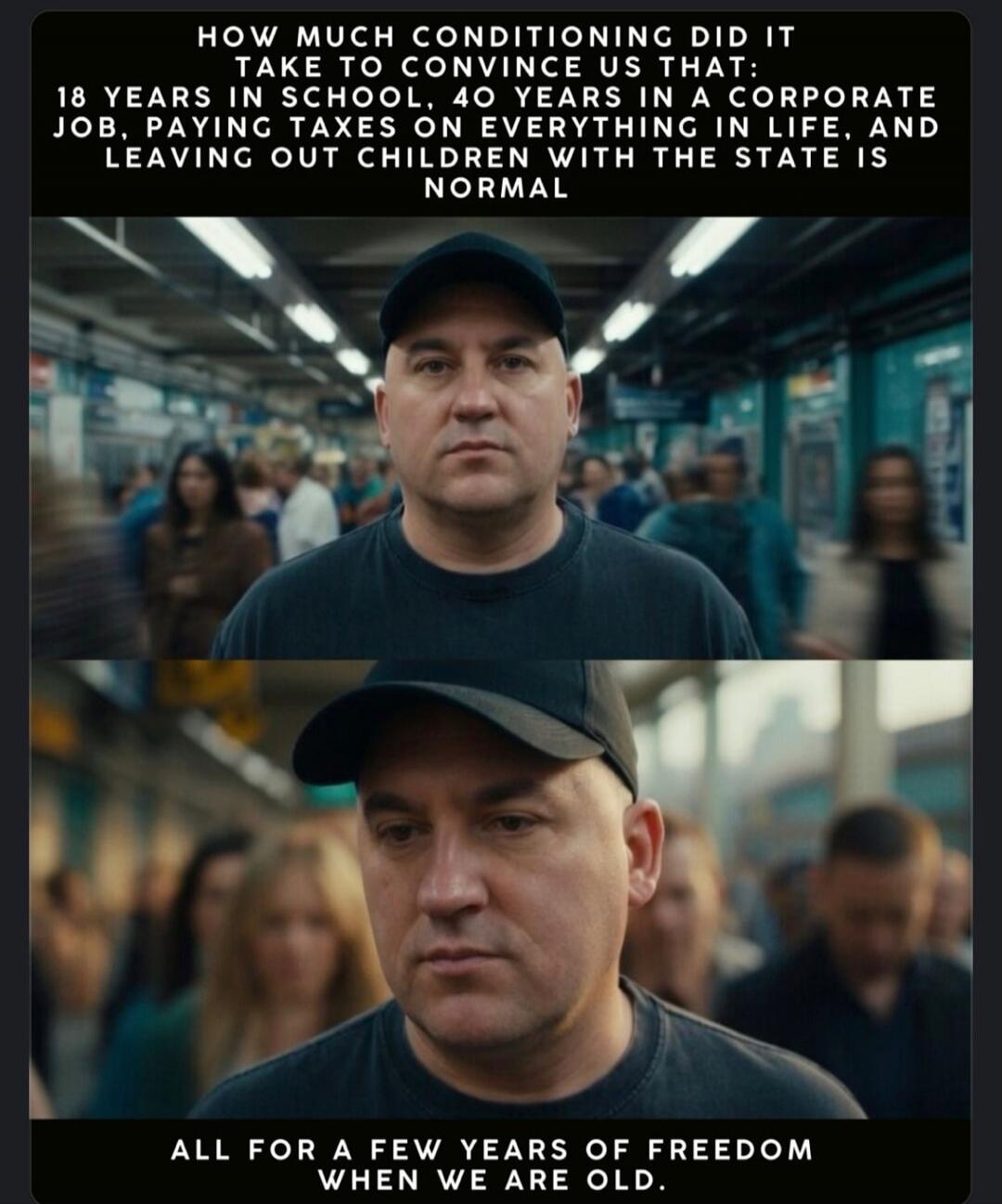 HOW MUCH CONDITIONING DID IT TAKE TO CONVINCE US THAT: 18 YEARS IN SCHOOL, 40 YEARS IN A CORPORATE JOB, PAYING TAXES ON EVERYTHING IN LIFE, AND LEAVING OUT CHILDREN WITH THE STATE IS NORMAL ALL FOR A FEW YEARS OF FREEDOM WHEN WE ARE OLD.