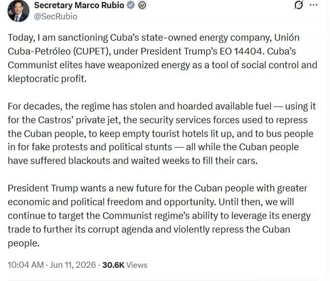 Today, I am sanctioning Cuba's state-owned energy company, Unión Cuba-Petróleo (CUPET), under President Trump's EO 14404. Cuba's Communist elites have weaponized energy as a tool of social control and kleptocratic profit. For decades, the regime has stolen and hoarded available fuel — using it for the Castros' private jet, the security services for