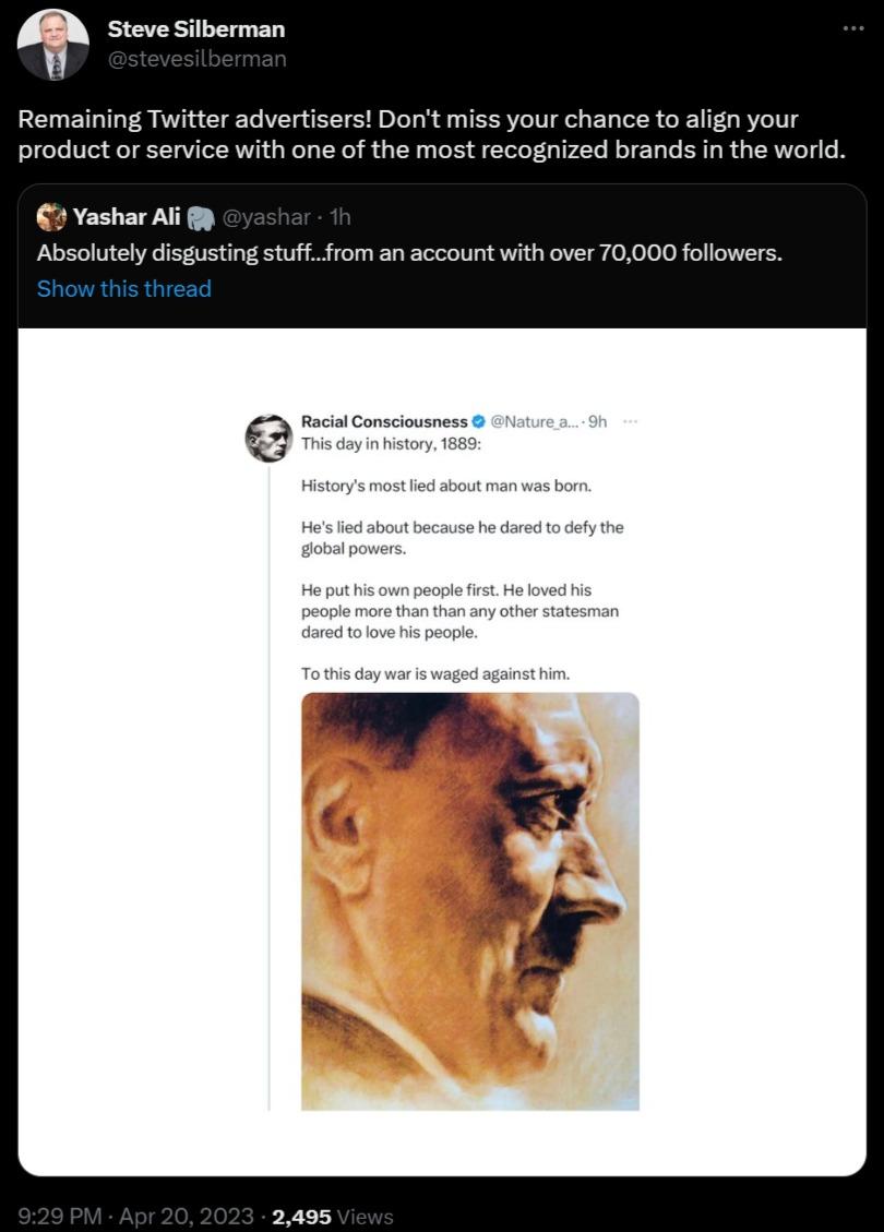 Remaining Twitter advertisers Dont miss your chance to align your product or service with one of the most recognized brands in the world y Absolutely disgusting stufffrom an account with over 70000 followers