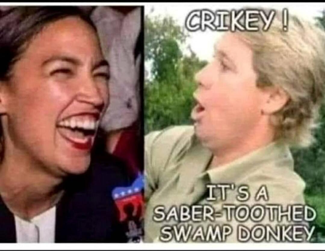 CRIKEY! IT'S A SABER-TOOTHED SWAMP DONKEY. The image shows Alexandria Ocasio-Cortez laughing on the left and Steve Irwin with a surprised expression on the right.