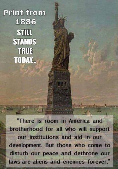 Print from 1886 TRUE TODAY There is room in America and brotherhood for all who will support our institutions and aid in our development But those who come to disturb our peace and dethrone our laws are aliens and enemies forever