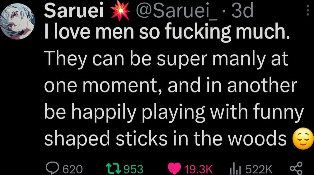 SETETS S ESETCT Tl I love men so fucking much They can be super manly at one moment and in another be happily playing with funny shaped sticks in the woods O620 11953 W193K L1522k o2