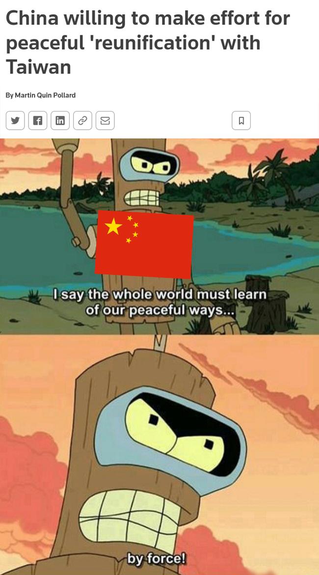 China willing to make effort for peaceful reunification with Taiwan By Martn Quin Pollard v A Isay the whole worldimust learn of our peaceful ways