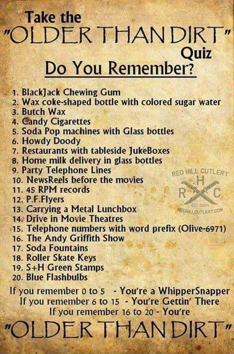 Quiz Do You Remember Blackack Chewing Gum Wax coke shaped botle with colored sugar water 3 Butch Wax 4 Gandy Cigarettes 5 Soda Pop machines with Glass bottles Howdy Doody Restaurants with tableside JukeBoxes 8 Home milk delivery in glass bottles 9 Party Telephone Lines 10 NewsReels before the mq 11 45 RPM records 12 PFFlyers 13 Carrylng a Metal Lunchbox 14 Drive in Movie Theatres 15 Telephone numb