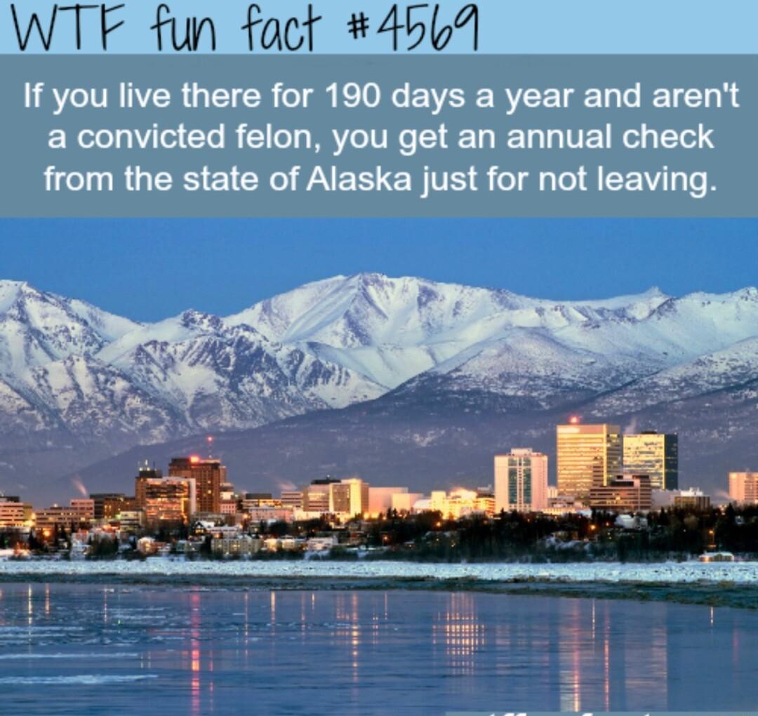 WTF fun fact 4561 If you live there for 190 days a year and arent a convicted felon you get an annual check from the state of Alaska just for not leaving