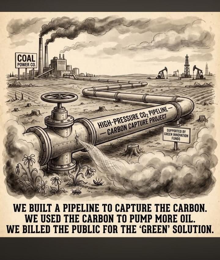 COAL POWER CO. HIGH-PRESSURE CO2 PIPELINE - CARBON CAPTURE PROJECT SUPPORTED BY GREEN INNOVATION FUNDS WE BUILT A PIPELINE TO CAPTURE THE CARBON. WE USED THE CARBON TO PUMP MORE OIL. WE BILLED THE PUBLIC FOR THE 'GREEN' SOLUTION.