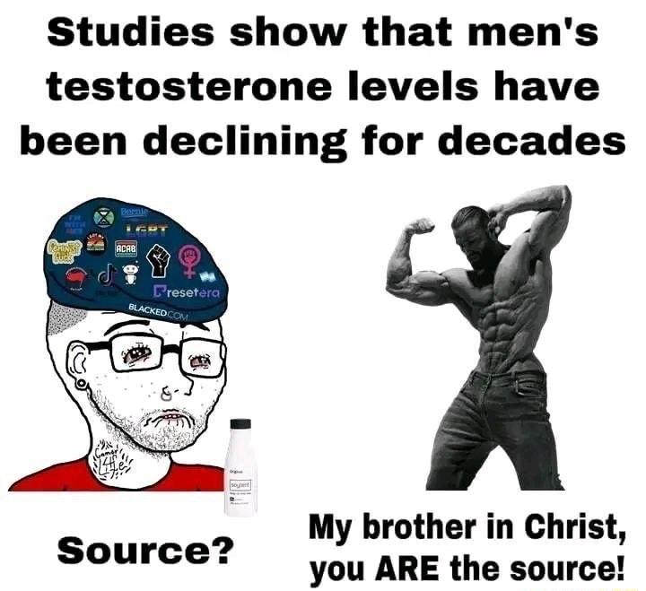 Studies show that mens testosterone levels have been declining for decades My brother in Christ you ARE the source Source