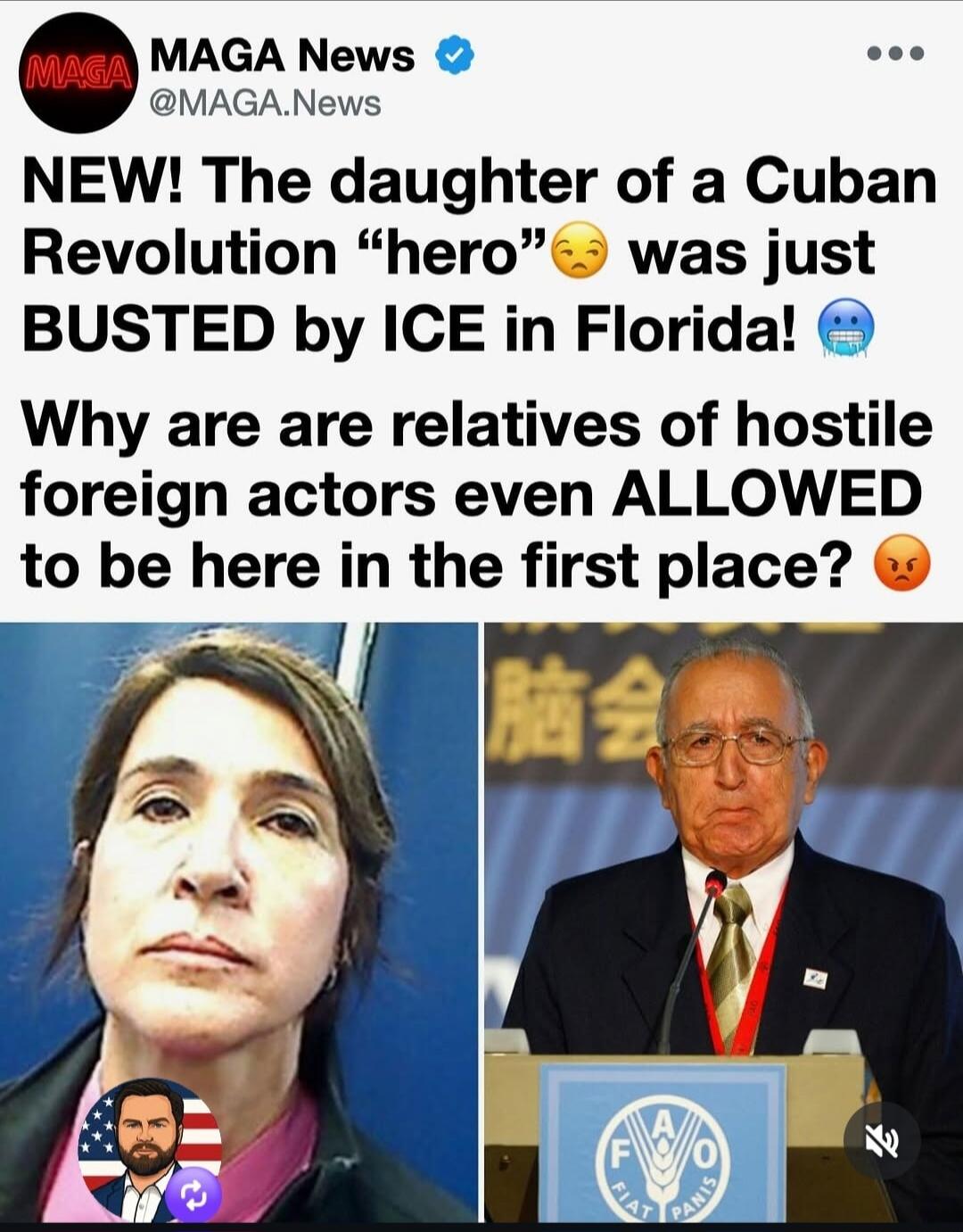 MAGA News reports: NEW! The daughter of a a Cuban Revolution 'hero' was just BUSTED by ICE in Florida! The post questions: Why are relatives of hostile foreign actors even ALLOWED to be here in the first place?