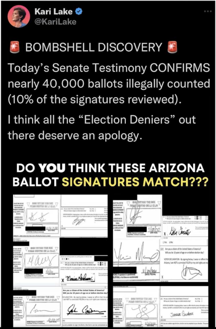 Kari Lake F KariLak BOMBSHELL DISCOVERY Todays Senate Testimony CONFIRMS nearly 40000 ballots illegally counted 10 of the signatures reviewed think all the Election Deniers out there deserve an apology DO YOU THINK THESE ARIZONA ZR Ko g el VN RV SRIV N o prard