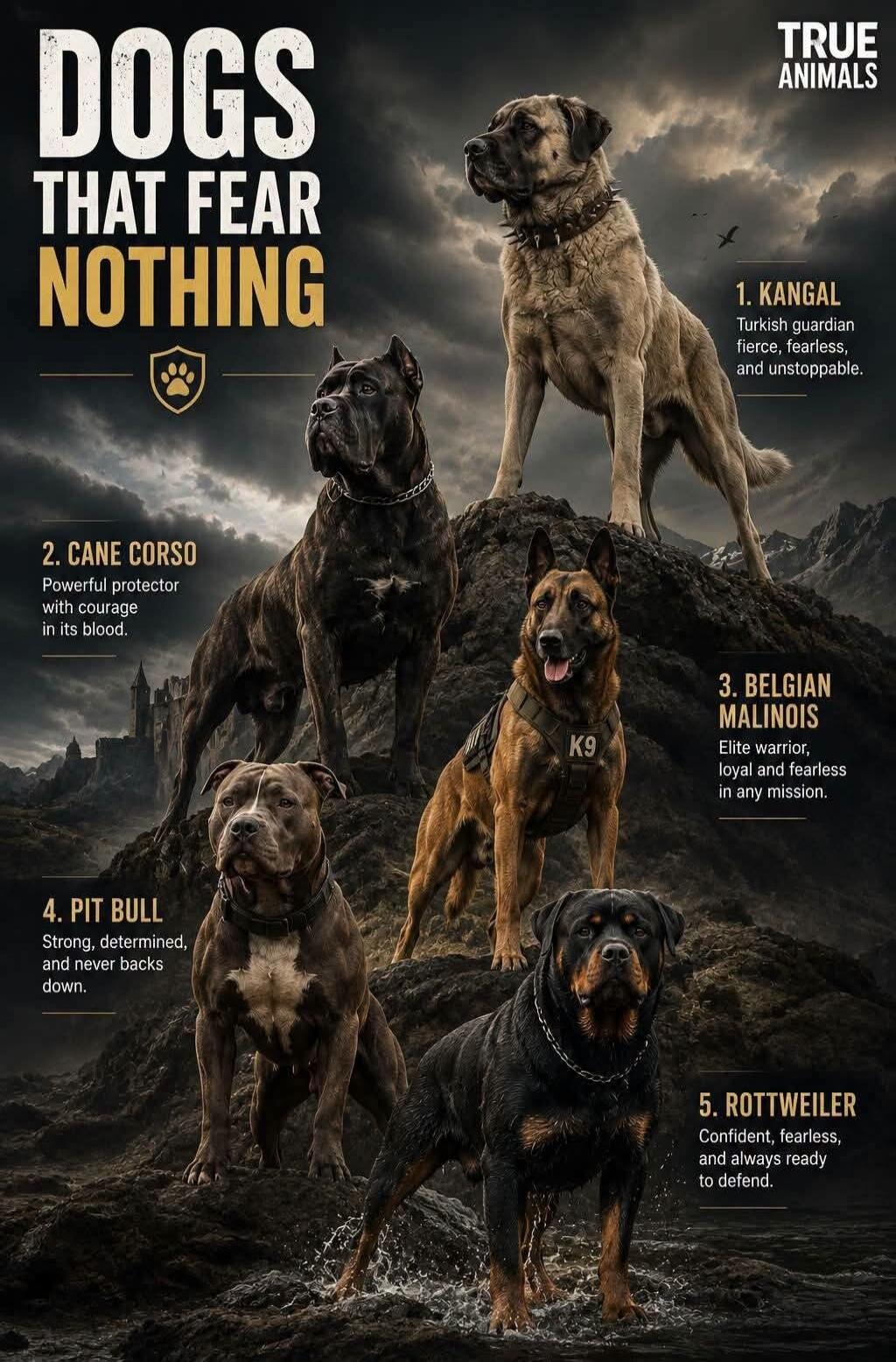 TRUE ANIMALS DOGS THAT FEAR NOTHING 1. KANGAL Turkish guardian fierce, fearless, and unstoppable. 2. CANE CORSO Powerful protector with courage in its blood. 3. BELGIAN MALINOIS Elite warrior, loyal and fearless in any mission. K9 4. PIT BULL Strong, determined, and never backs down. 5. ROTTWEILER Confident, fearless, and always ready to defend.