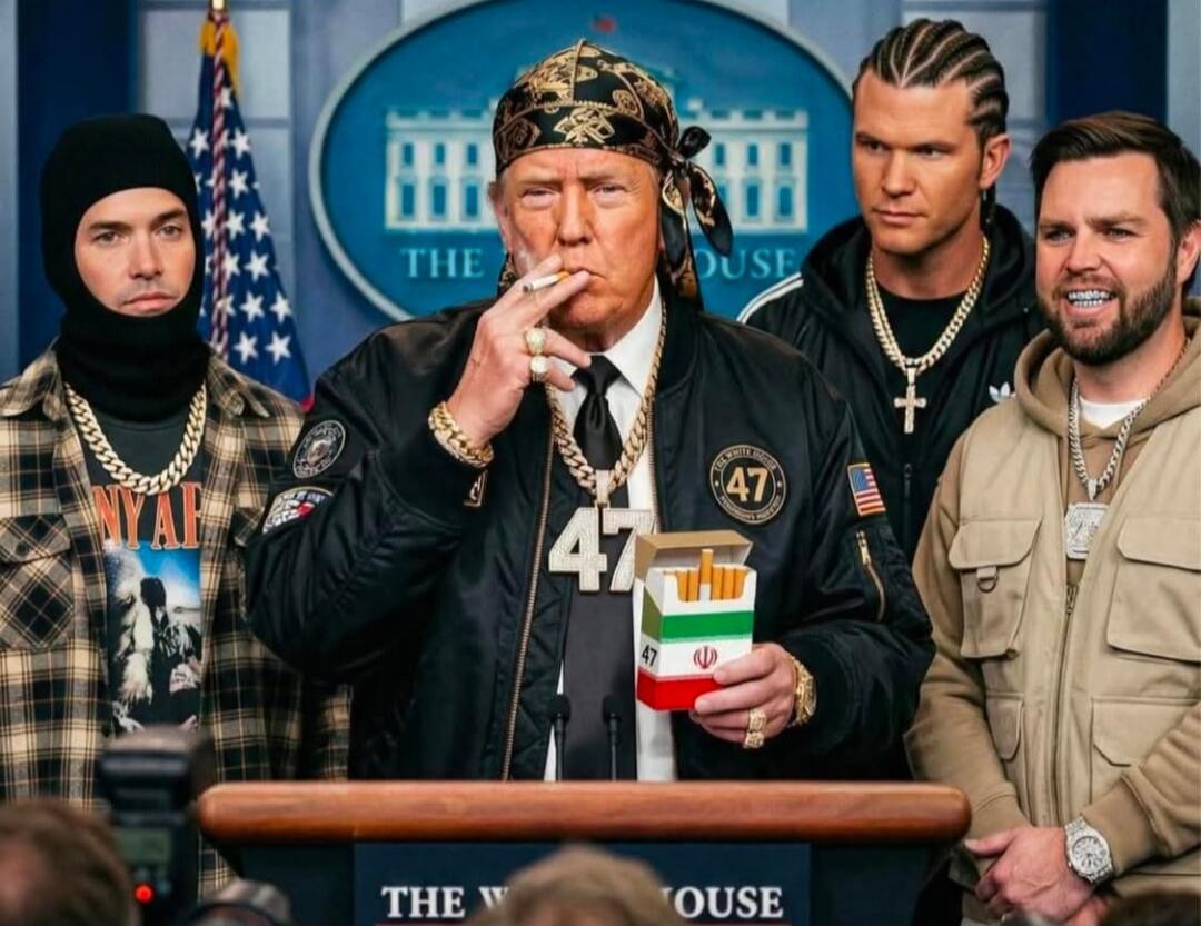 Parody scene at a White House press briefing with a central figure wearing a bandana, smoking a cigarette, and holding a French fry box, flanked by several men in casual attire.