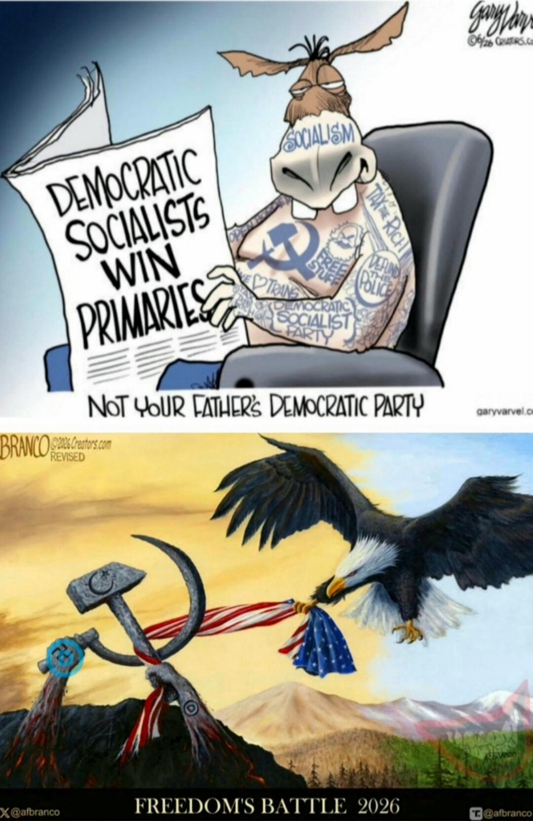 A political cartoon depicting a donkey, symbolizing the Democratic Party, covered in tattoos like 'SOCIALISM', 'TAX THE RICH', 'DEFUND THE POLICE', 'FREE STUFF', 'DEMOCRATIC SOCIALIST PARTY', 'TRANS', 'OPEN BORDERS'. The donkey is reading a newspaper with the headline 'DEMOCRATIC SOCIALISTS WIN PRIMARIES'. Below it, the caption reads 'NOT YOUR FATH