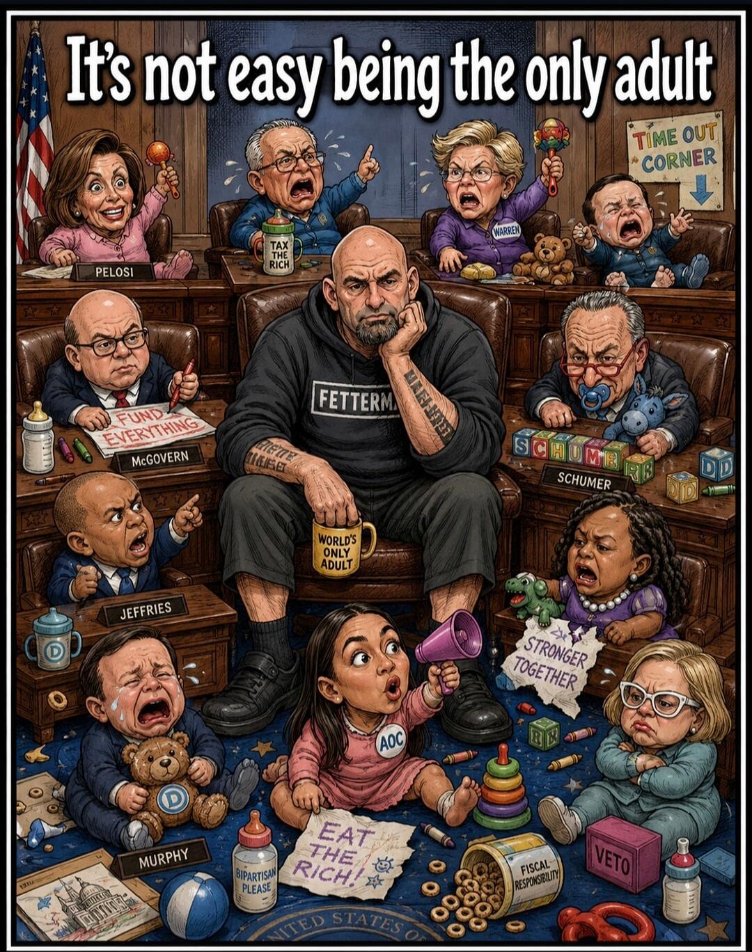 It's not easy being the only adult. TAX THE RICH. FUND EVERYTHING. SCHUMER. STRONGER TOGETHER. EAT THE RICH. FISCAL RESPONSIBILITY. VETO. BIPARTISAN PLEASE. WORLD'S ONLY ADULT. TIME OUT CORNER.