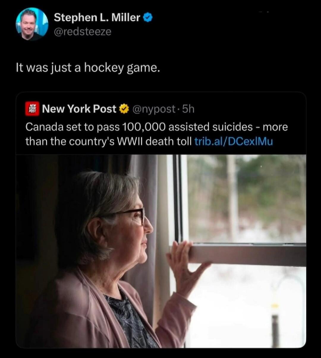It was just a hockey game. Canada set to pass 100,000 assisted suicides - more than the country's WWII death toll