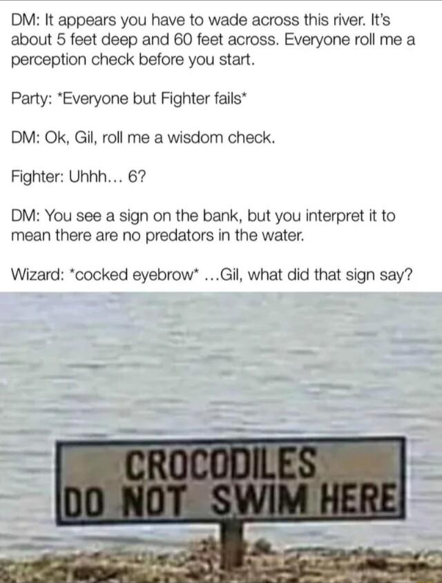 DM It appears you have to wade across this river Its about 5 feet deep and 60 feet across Everyone roll me a perception check before you start Party Everyone but Fighter fails DM Ok Gil roll me a wisdom check Fighter Uhhh 67 DM You see a sign on the bank but you interpret it to mean there are no predators in the water Wizard cocked eyebrow Gil what did that sign say