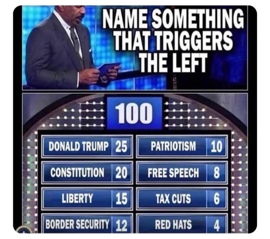 NAME SOMETHING THAT TRIGGERS THE LEFT 100 DONALD TRUMP 25 PATRIOTISM 10 CONSTITUTION 20 FREE SPEECH 8 LIBERTY 15 TAX CUTS 6 BORDER SECURITY 12 RED HATS 4