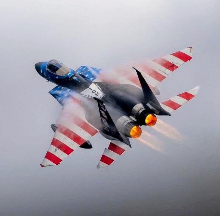 A fighter jet, possibly an F-15, painted with the American flag design, flying in the sky with afterburners engaged, leaving a smoke trail. The text 'FOX' is partially visible on its side.