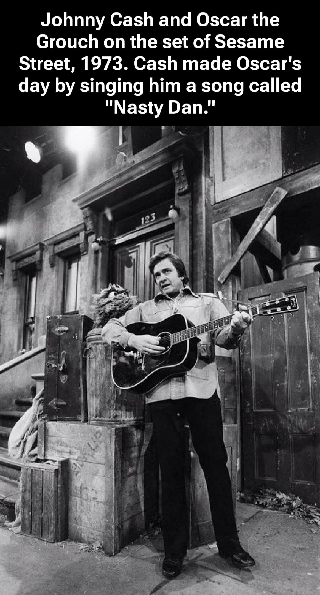 Johnny Cash and Oscar the Grouch on the set of Sesame Street, 1973. Cash made Oscar's day by singing him a song called 