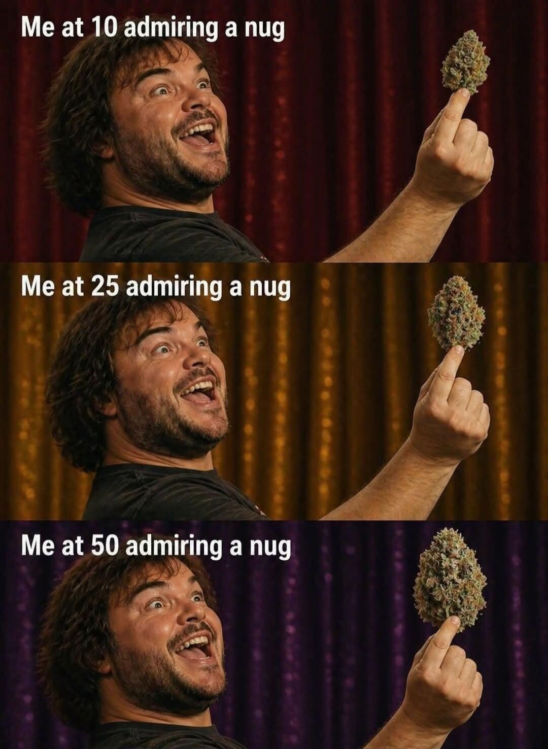 Me at 10 admiring a nug. Me at 25 admiring a nug. Me at 50 admiring a nug.