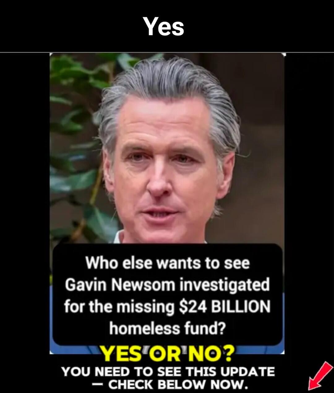 Yes. Who else wants to see Gavin Newsom investigated for the missing $24 BILLION homeless fund? YES OR NO? You need to see this update - check below now.