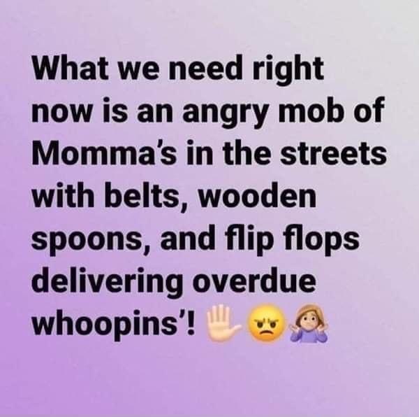 What we need right now is an angry mob of Mommas in the streets with belts wooden spoons and flip flops delivering overdue whoopins