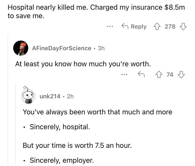 Dendad6972 4h Hospital nearly killed me Charged my insurance 85m to save me AFineDayForScience 3h Atleast you know how much youre worth a 4nd Y i Youve always been worth that much and more QReply 278 Sincerely hospital But your time is worth 75 an hour Sincerely employer a s