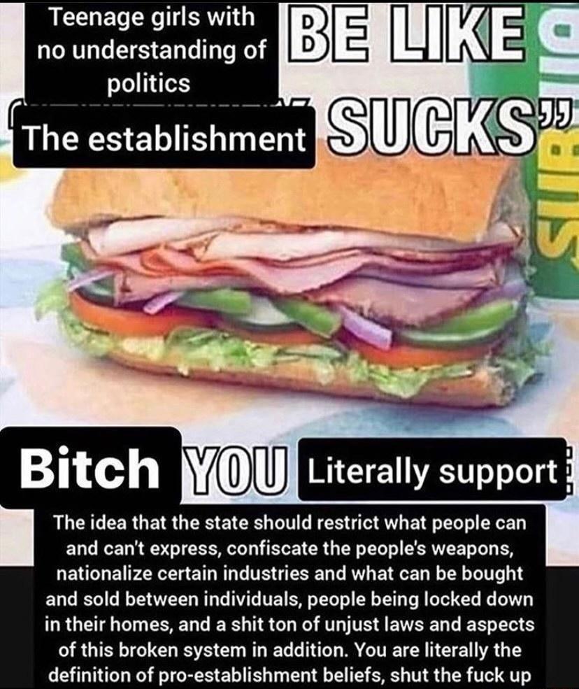 TR0 st L 3 politics _ rThe establishment w o Bitch QU witraly support The idea that the state should restrict what people can and cant express confiscate the peoples weapons nationalize certain industries and what can be bought and sold between individuals people being locked down in their homes and a shit ton of unjust laws and aspects of this broken system in addition You are literally the defin
