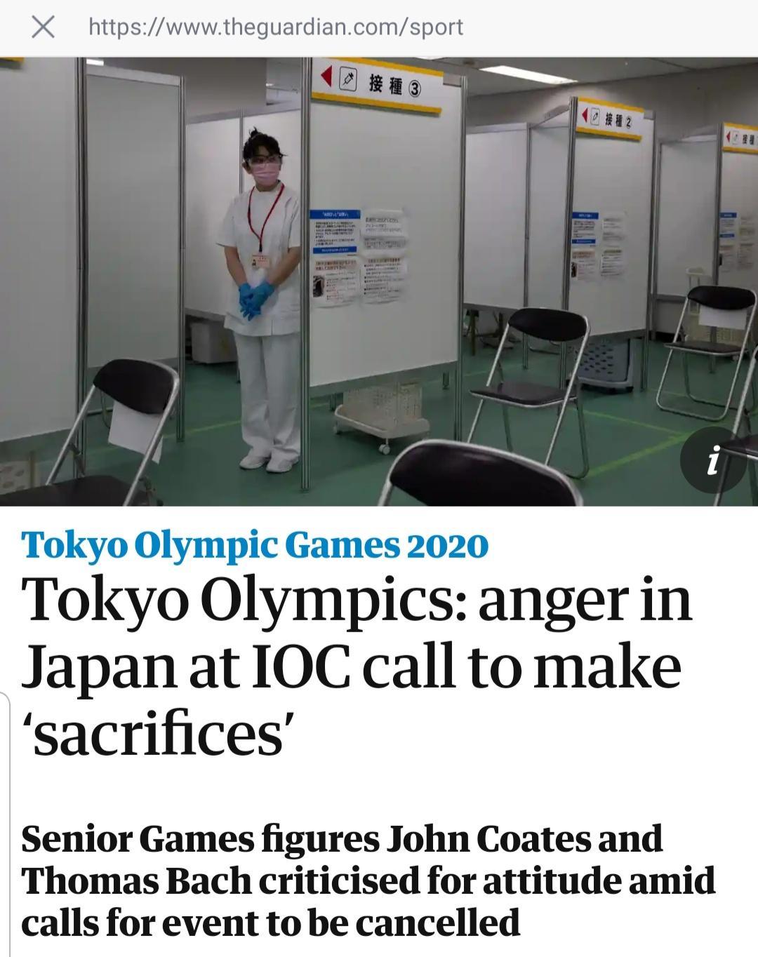 X httpswwwtheguardiancomsport Tokyo Olympic Games 2020 Tokyo Olympics anger in Japan at IOC call to make sacrifices Senior Games figures John Coates and Thomas Bach criticised for attitude amid calls for event to be cancelled