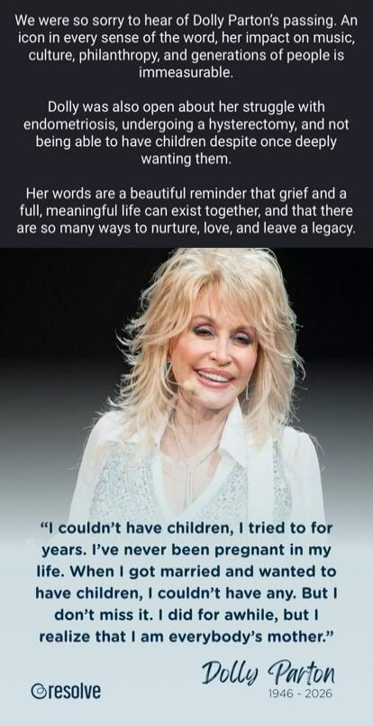 We were so sorry to hear of Dolly Parton's passing. An icon in every sense of the word, her impact on music, culture, philanthropy, and generations of people is immeasurable. Dolly was also open about her struggle with endometriosis, undergoing a hysterectomy, and not being able to have children despite once deeply wanting them. Her words are a bea