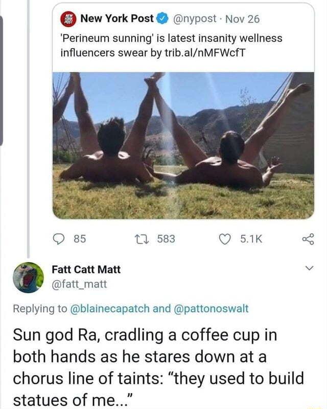 New York Post nypost Nov 26 Perineum sunningis latest insanity wellness influencers swear by tribalnMFWefT O 85 0 583 Q 5K o2 Fatt Catt Matt v fatt_matt Replying to blainecapatch and pattonoswalt Sun god Ra cradling a coffee cup in both hands as he stares down at a chorus line of taints they used to build statues of me