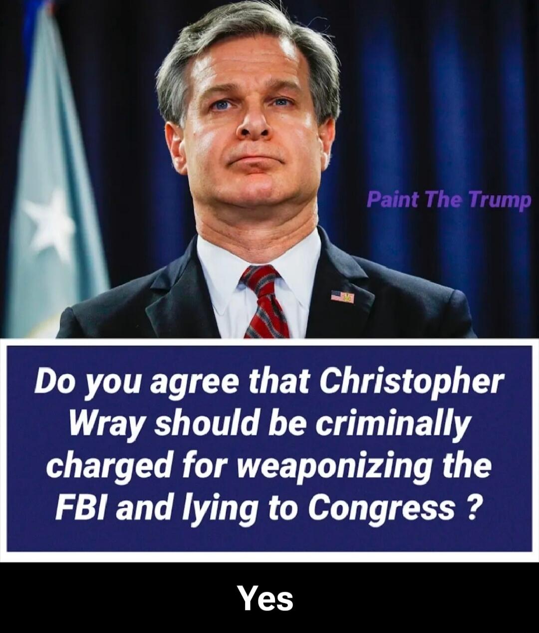 Do you agree that Christopher Wray should be criminally charged for weaponizing the FBI and lying to Congress? Yes