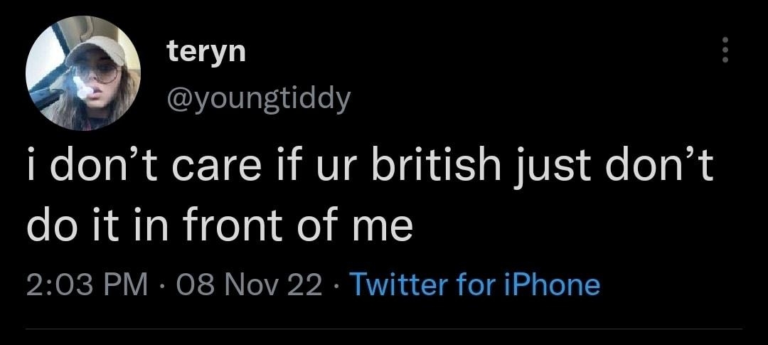 teryn youngtiddy i dont care if ur british just dont do it in front of me 203 PM 08 Nov 22 Twitter for iPhone LKL GENTEE O Ol SR NEE S p o QRUEES