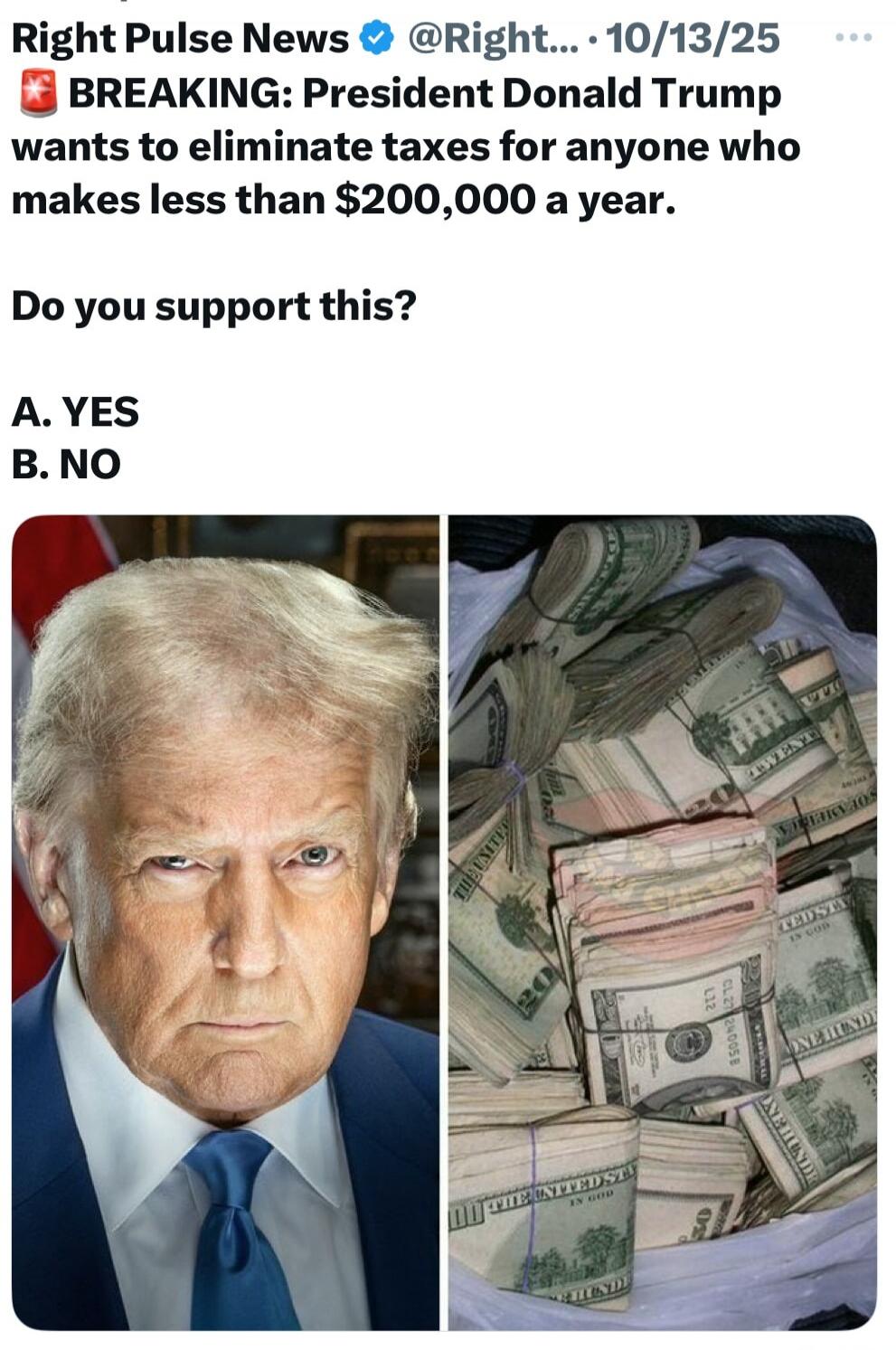 Right Pulse News @Right... 10/13/25
BREAKING: President [redacted] wants to eliminate taxes for anyone who makes less than $200,000 a year.

Do you support this?

A. YES
B. NO