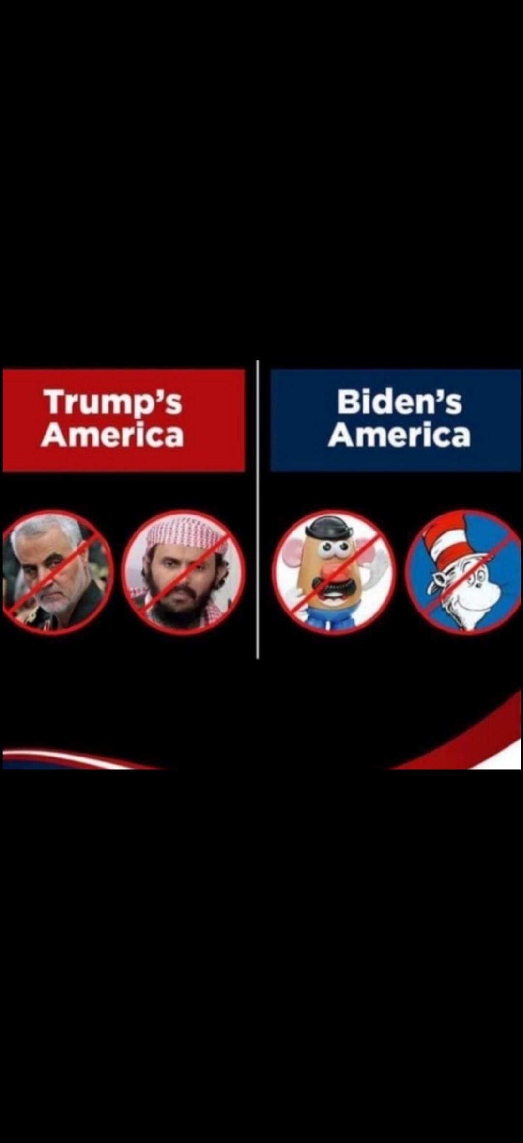 Trump's America. Biden's America. Under Trump's America, there are images of Qasem Soleimani and another individual, both with a 'no' symbol. Under Biden's America, there are images of Mr. Potato Head and The Cat in the Hat, both with a 'no' symbol.