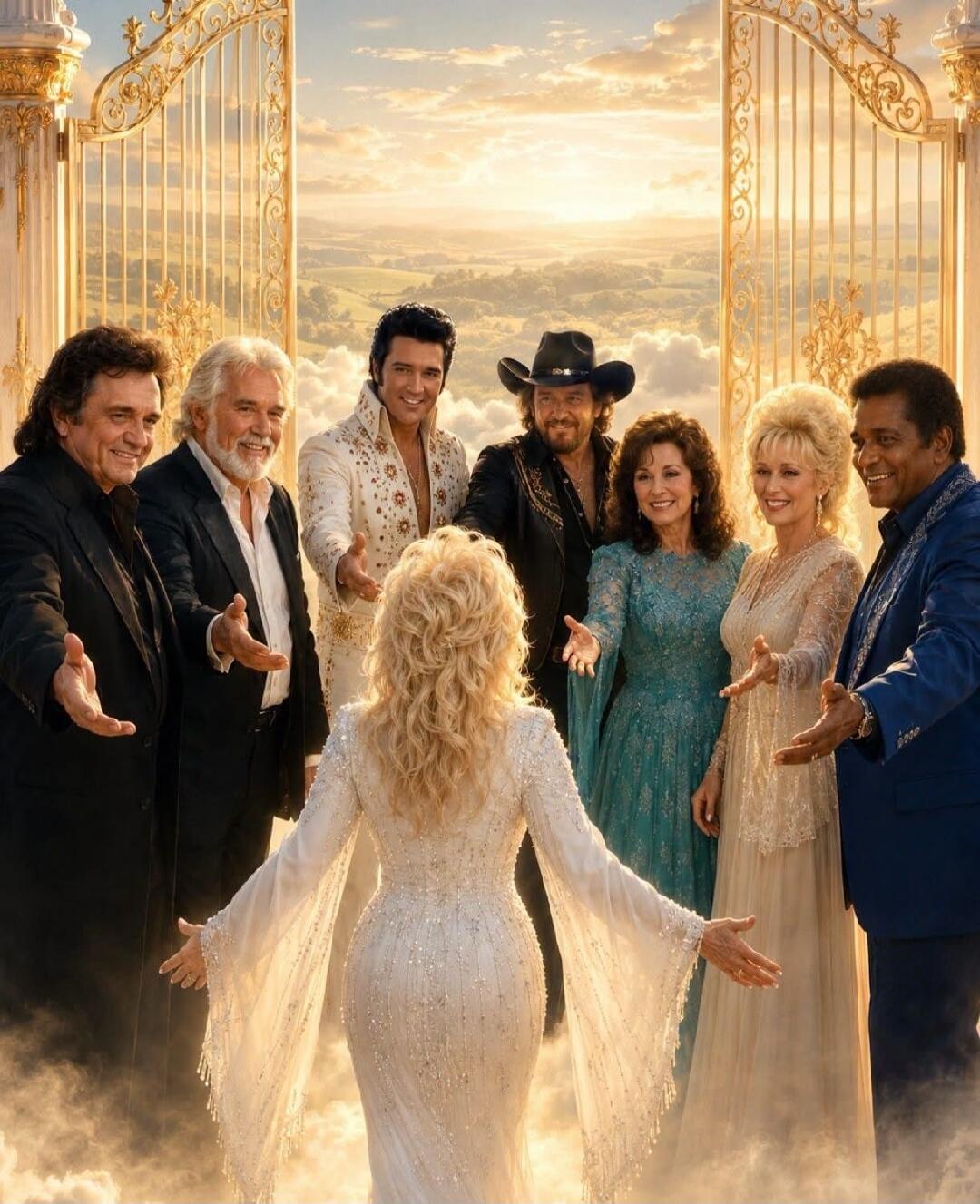 Dolly Parton approaches the golden gates of heaven, where she is greeted by a group of legendary musicians including Johnny Cash, Kenny Rogers, Elvis Presley, Toby Keith, Loretta Lynn, Tammy Wynette, and Charley Pride. They stand on clouds with open arms, welcoming her.