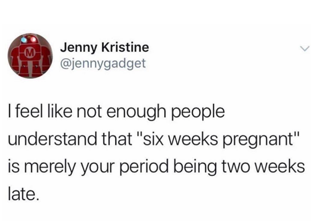 Jenny Kristine jennygadget feel like not enough people understand that six weeks pregnant is merely your period being two weeks late