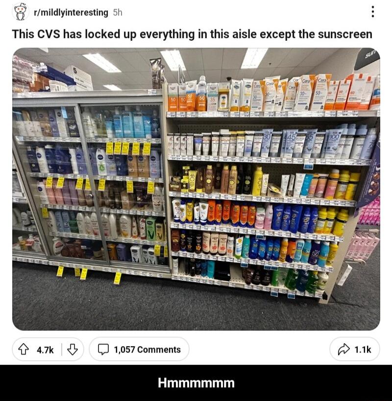 mildyinteresting This CVS has locked up everything in this aisle except the sunscreen 7 1057 Comments Hmmmmmm