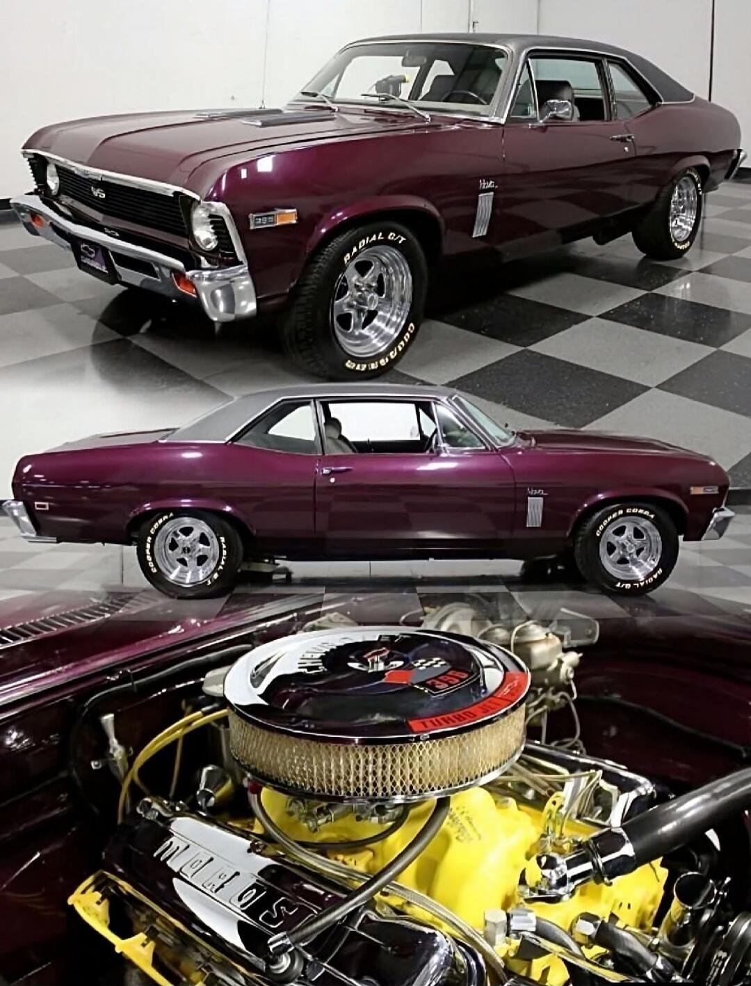 A classic American muscle car, a Chevrolet Nova, is showcased in a deep burgundy color with a grey roof. Visible text includes '396' on the fender, 'RADIAL G/T' and 'COOPER COBRA' on the tires, and '396 TURBO-JET' on the air filter cover, along with 'CHEVROLET' on the engine's valve covers.
