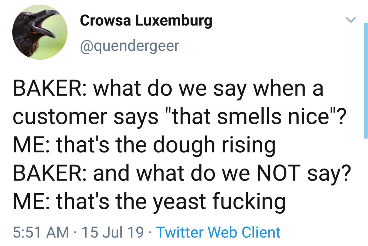 Crowsa Luxemburg quendergeer BAKER what do we say when a customer says that smells nice ME thats the dough rising BAKER and what do we NOT say ME thats the yeast fucking 551 AM 15 Jul 19 Twitter Web Client