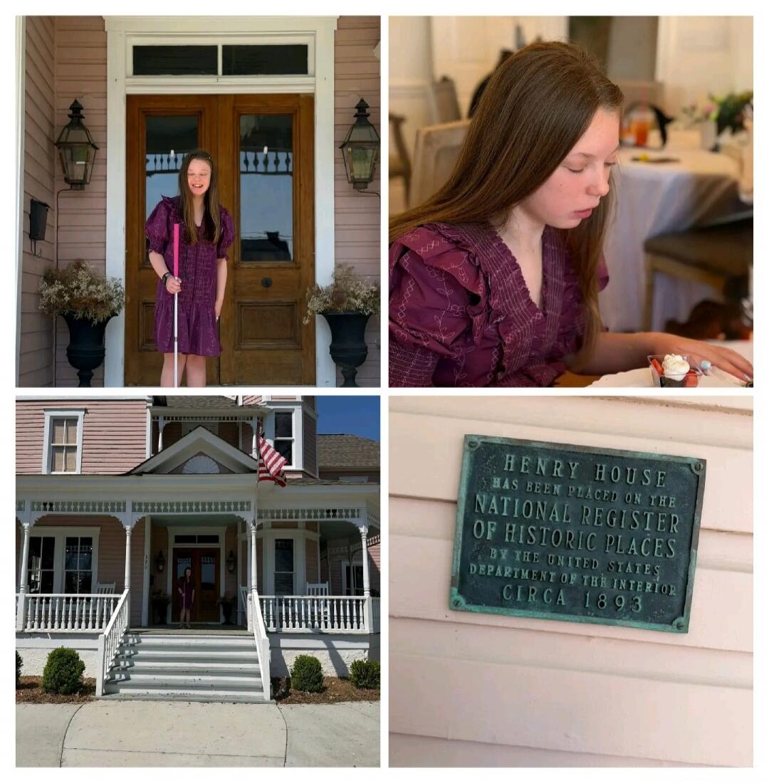 A young girl with a pink cane is featured in a collage with the historic Henry House. A plaque on the house states: 'HENRY HOUSE HAS BEEN PLACED ON THE NATIONAL REGISTER OF HISTORIC PLACES BY THE UNITED STATES DEPARTMENT OF THE INTERIOR CIRCA 1893'. The girl is seen both outside the house and indoors.