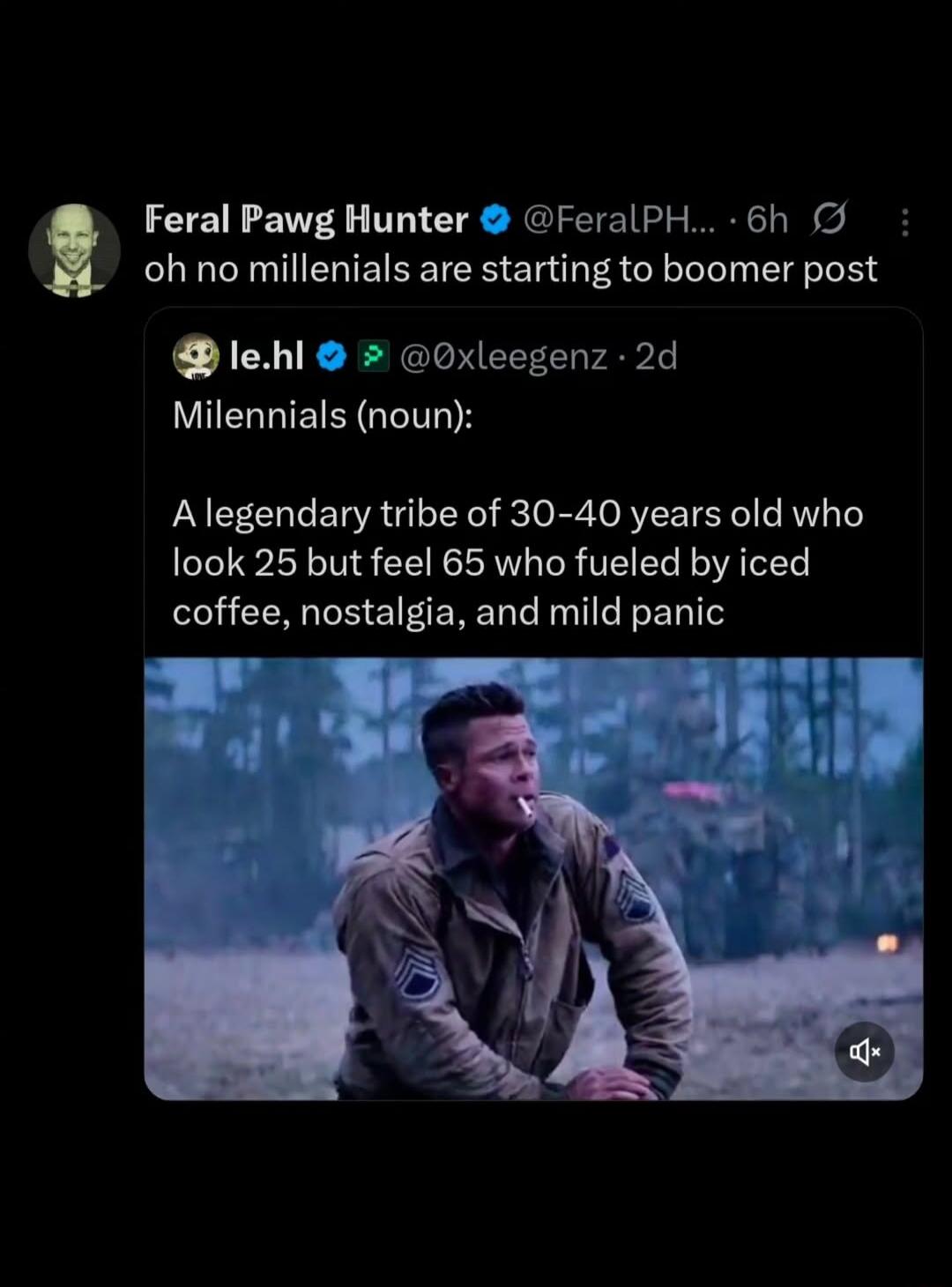 oh no millenials are starting to boomer post
Millennials (noun): A legendary tribe of 30-40 years old who look 25 but feel 65 who fueled by iced coffee, nostalgia, and mild panic
