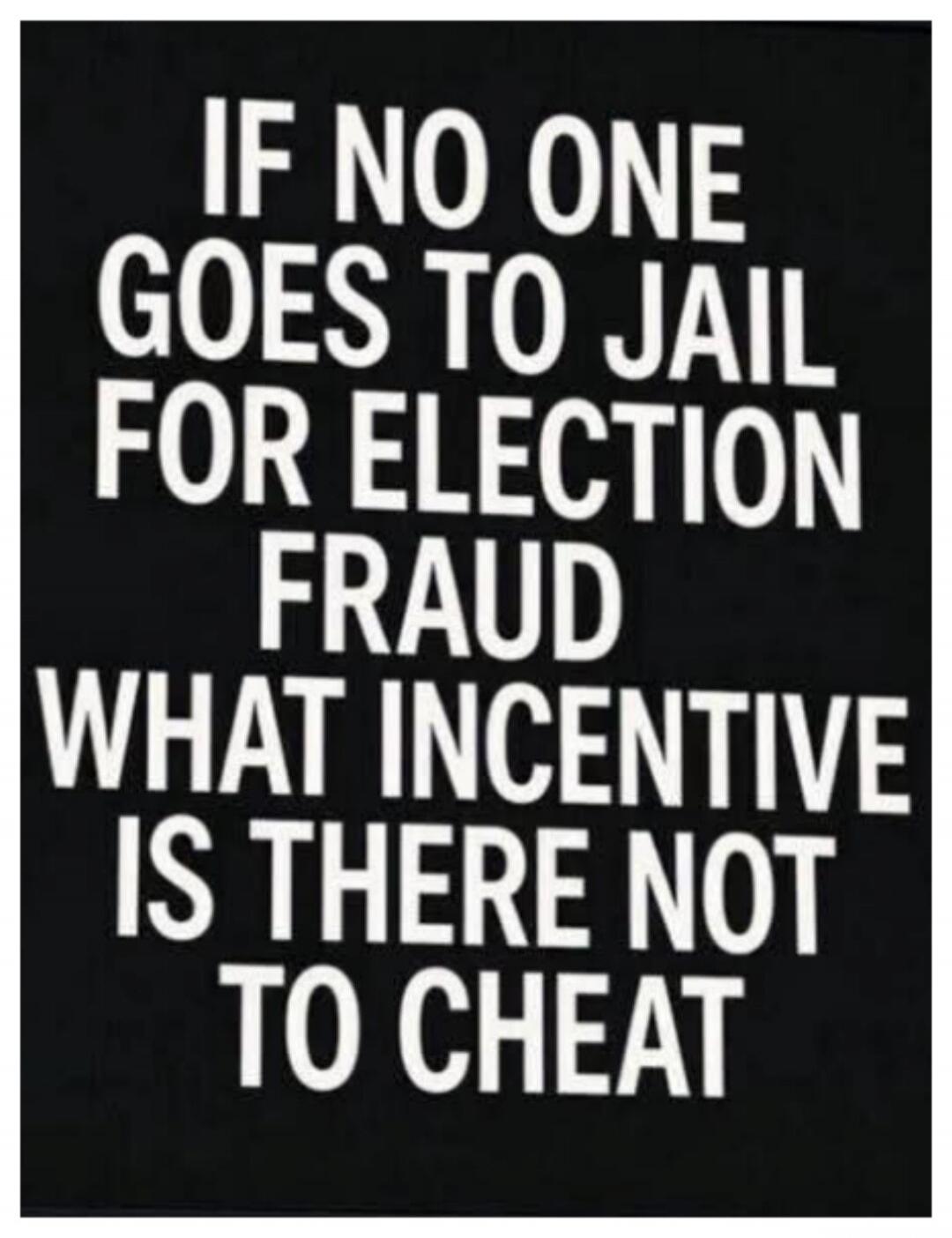 IF NO ONE GOES TO JAIL FOR ELECTION FRAUD WHAT INCENTIVE IS THERE NOT TO CHEAT