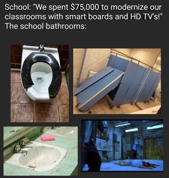 School We spent 75000 to modernize our classrooms with smart boards and HD TVs The school bathrooms fl