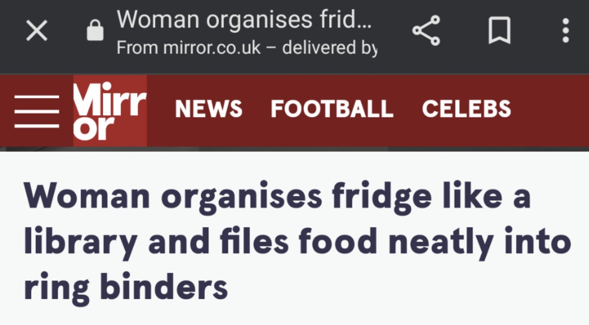 Y Woman organises frid 0 From mirrorcouk delivered by o gIIT AV eled 7 M M od 2 B 30 3 Woman organises fridge like a library and files food neatly into ring binders