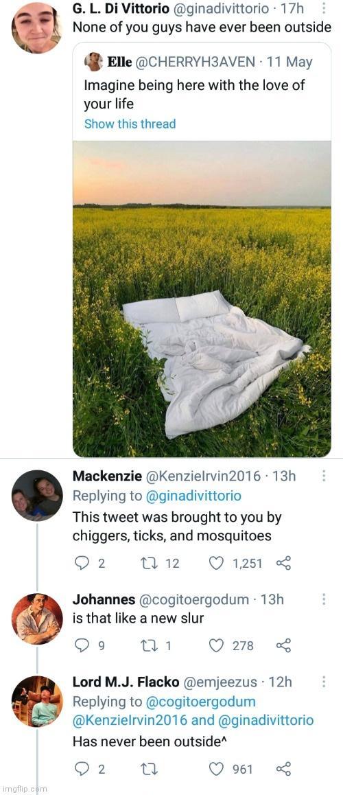 G L Di Vittorio ginadivittorio 17h None of you guys have ever been outside l Elle CHERRYH3AVEN 11 May Imagine being here with the love of your life Show this thread Mackenzie Kenzielrvin2016 13h Replying to ginadivittorio This tweet was brought to you by chiggers ticks and mosquitoes Q2 w12 Qi Johannes cogitoergodum 13h is that like a new slur Qo l Qa8 L Lord MJ Flacko emjeezus 12h Replying to cog