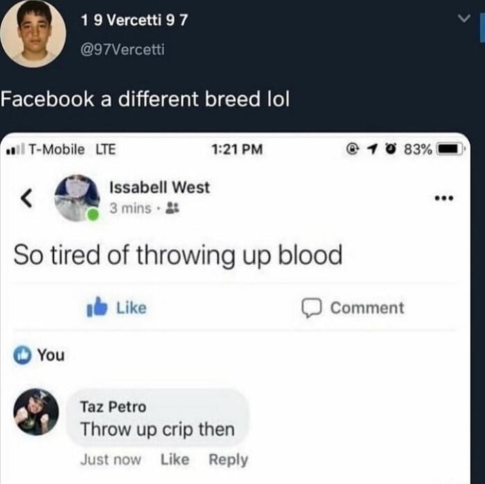 19 Vercetti 97 Facebook a different breed lol Issabell West X Yok So tired of throwing up blood 121PM 79 83 W Like Comment You 9 Taz Petro Throw up crip then Like Reply