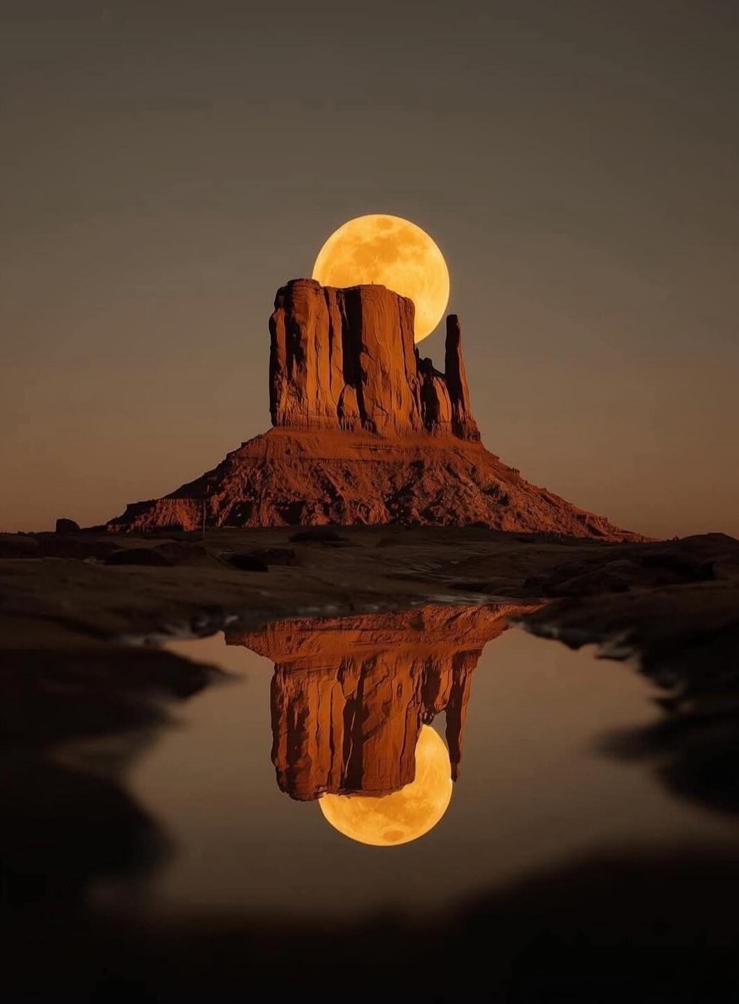 Full moon rising behind a rock formation with a reflective pool in the foreground, creating a striking mirrored scene.