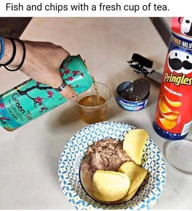 Fish and chips with a fresh cup of tea